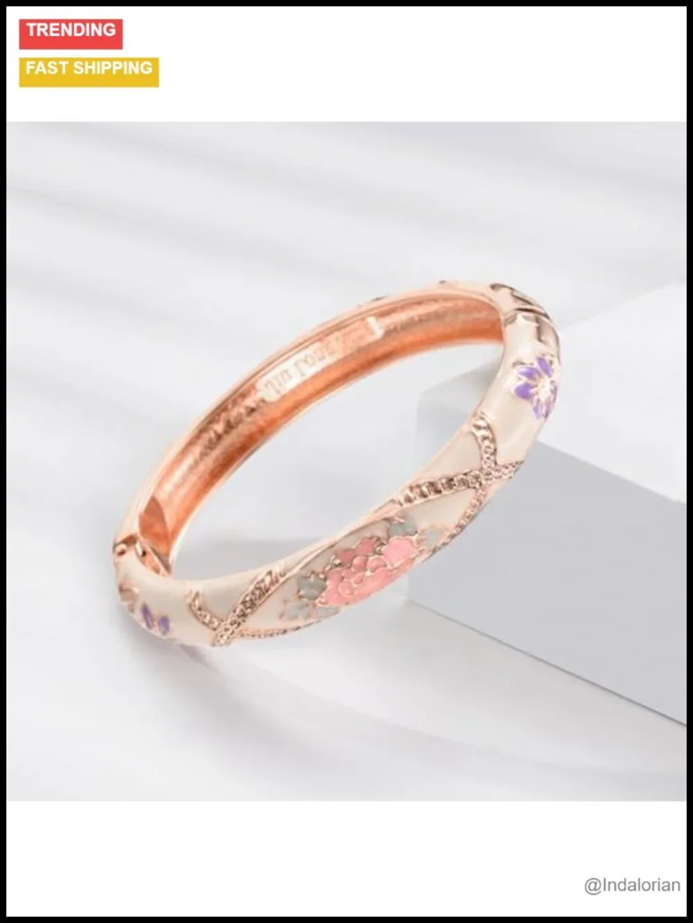 Cloisonne Enamel Flower Bangle Cuff Bracelet Set - Gold Plated